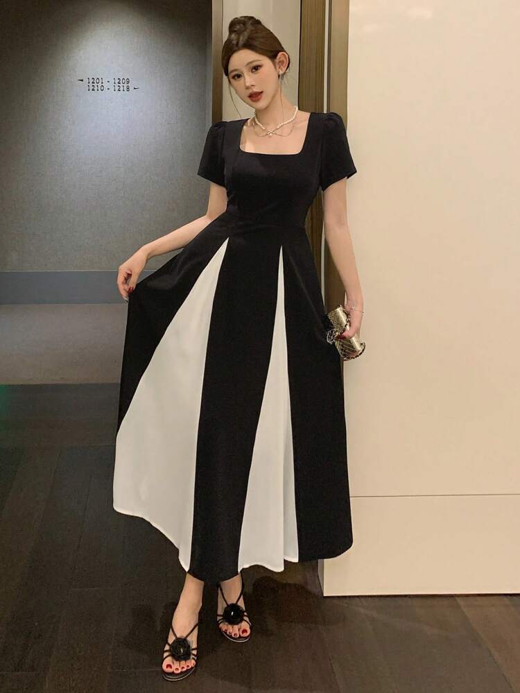Women Square Neck Short Sleeve Elegant Color Block Mid-Long Dress Summer Elegant Sundress Maxi Dress Cocktail Dress
