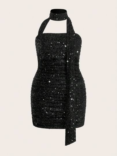 SHEIN EZwear 大码亮片迷你连衣裙，配飘逸领带，春季，情人节