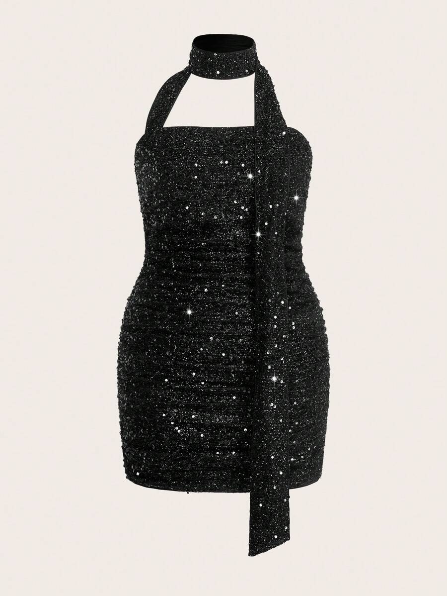 SHEIN EZwear 大码亮片迷你连衣裙,配飘逸领带,春季,情人节 - 黑色 - 查看 1