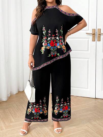 SHEIN Clasi Plus Size Women Lotus Lamp Retro Print Casual Loose Shoulder-Revealing Top And Simple Wide Leg Pants 2 Pieces Set