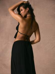 Musera Resort Halterneck Ruched Underbust Floaty Hem Beach Cover Up Cropped Top Vacation Spring Summer Elegant Sexy Ibiza Swim Black