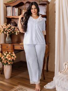 Côtesoire Plus Size Striped Lace Collar Sleepwear Set - Blue and White - View 4