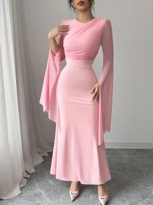 Elenzga Abito elegante da donna con collo rotondo, tinta unita, con spacco e maniche lunghe