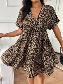 SHEIN Frenchy 大码简约 V 领豹纹 A 字裙，夏季连衣裙