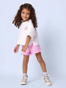 SUMWON Ruffle Short Set Children Summer Playset T-Shirt Co-Ord Ensemble Spring Casual Toddler Two-Piece Outfit Vacation Beachwear Daytime Wear Vacation - Pink - View 2