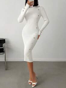 RueChic Mock Neck Button Front Sweater Dress Without Belt - White - View 4