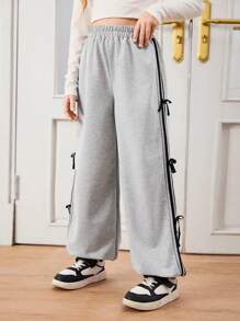 Tween Girls Grey Casual Sweatpants With Bow Ribbon Side Trim - Grey - View 5
