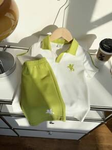 SHEIN 2pcs/Set Young Boy Patchwork Cute Cartoon Horse Print Contrast Color Polo Collar Short Sleeve T-Shirt And Shorts Summer Outfit, Suitable For Outdoor Play, School, Street Style, Party And Casual Wear, Good Value