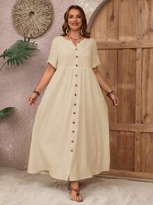 EMERY ROSE Plus Size Summer Countryside Round Neck Single-Breasted Casual Summer Dress, Suitable For Vacation