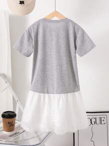 SHEIN Girls Summer New Arrival Round Neck Short Sleeve Front Print Mesh Hem Design Sweet Minimalist Fashion Loose Fit Dress