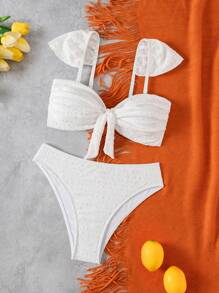 Swim Mod Women's Special Fabric Cap Sleeve Top & High-Waist Bottom Bikini Swimwear Set, For Summer Beach Vacation - White - View 1