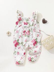 SHEIN Playful Pals 女嬰花卉印花荷葉領無袖連身褲，適合春夏季外出、度假與日常穿著，秋季適用 - 杏色 - 查看 2
