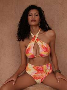 Swim Oasis Conjunto de 3 piezas de traje de baño para mujeres: Top de cuello halter cruzado con estampado, Bottom de natación de cintura alta, vestido largo de playa con estampado floral