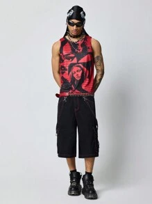 ROMWE MEN Grunge Punk Men's Punk Striped Cargo Pocket Wide Leg 3/4 Jeans Pants - Black - View 4