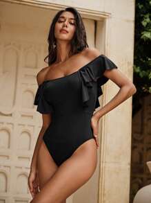 Anewsta 女士纯色简约修身连体泳衣，休闲度假，适合夏季海滩 - 黑色 - 查看 1