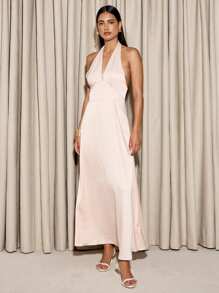 AiiRZ Elegant Halter Neck Midi Evening Dress Empire Waist Formal Party Gown Wedding Guest Special Occasion Summer Dress Sleeveless A-Line Dress - Pink - View 1