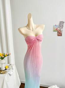 Soleia 渐变色褶皱扭纹抹胸连衣裙，适合度假、音乐节、波西米亚风、节日聚会、下午茶 - 彩色 - 查看 5