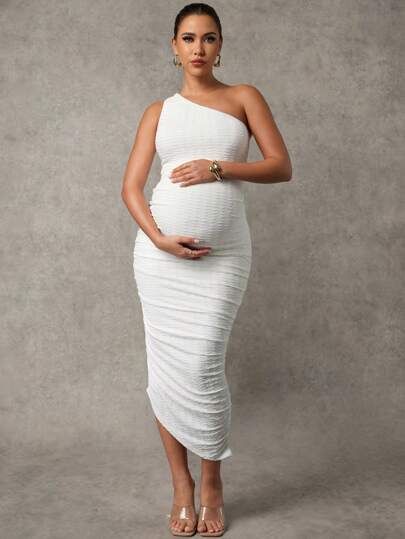 MaterniChic Maternity Solid Color Asymmetric Neck Sleeveless Slim Fit Casual Dress