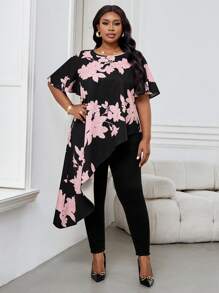 SHEIN Lady Spring And Summer Elegant Commuting Office Casual Boho Colorful Woven Round Neck Asymmetrical Short Sleeve Plus Size T-Shirts Summer Summer Outfits For Women Vacation Outfits Woman Summer Tops Beach Outfits For Woman Summer Clothes Women Boho Women Clothing Beach Outfits Bohemian Plus Size Summer Clothes Summer Tops Women Tops Summer Vacation Tops