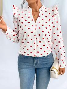 SHEIN LUNE Women's V-Neck Ruffled Loose Casual Heart Textured Blouse, Valentine's Day