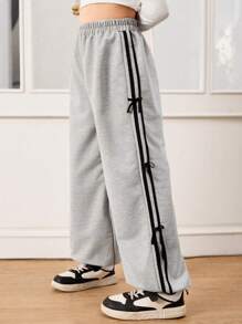 Tween Girls Grey Casual Sweatpants With Bow Ribbon Side Trim - Grey - View 1