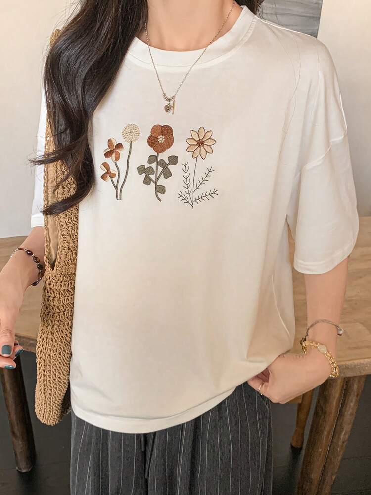 Floral Embroidery Round Neck Short Sleeve T-Shirt For Teen Girls Summer