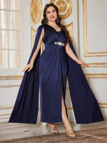 Modelyn 大码女式水钻饰边褶饰 V 领连衣裙 - 藏蓝色 - 查看 6