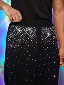 FeverCity Men's Rhinestone Embellished Loose Woven Long Suit Pants - Black - View 4