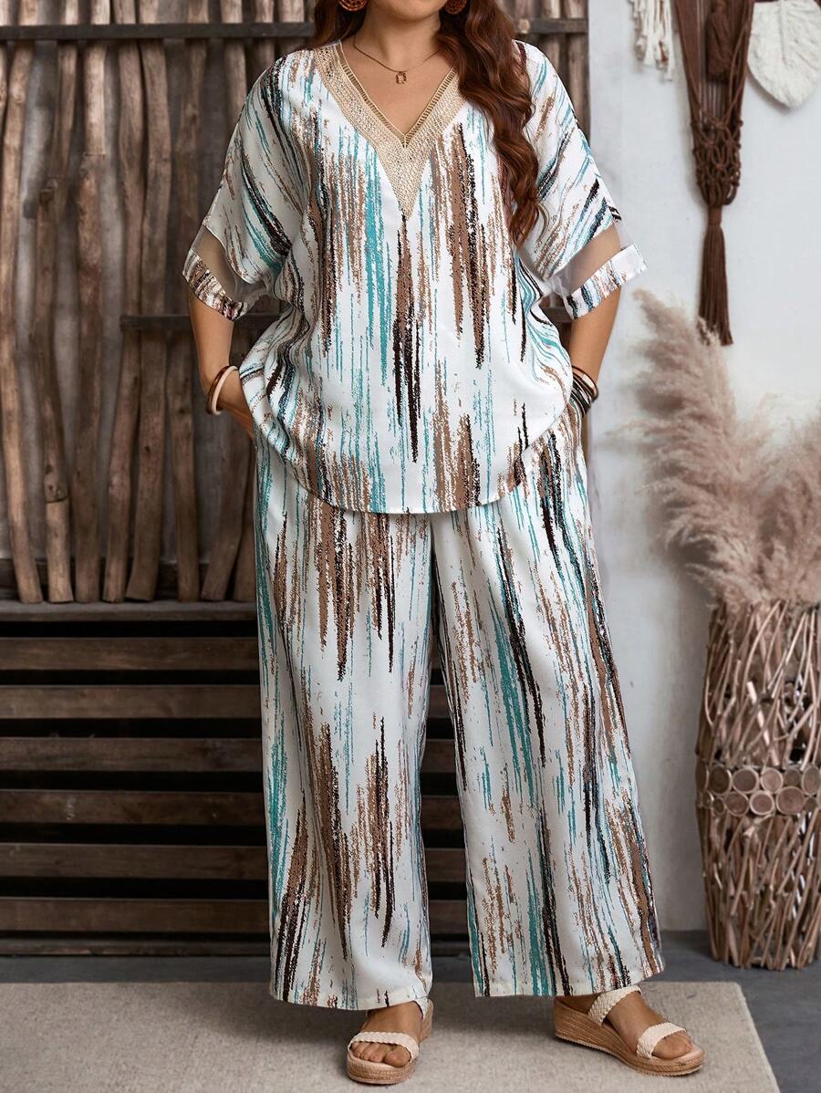 EMERY ROSE Bộ 2 chiếc/bộ áo thun tay ngắn pha trộn họa tiết nhuộm loang màu ngẫu nhiên cỡ lớn cho nữ và quần - Nhiều màu - Xem 1