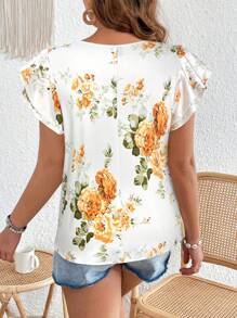 SHEIN VCAY Plus Size Women's Holiday Floral Print Ruffle Sleeve Casual Blouse - Orange - View 2