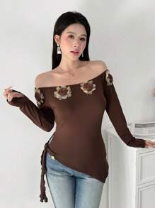 Modelyn 3D Floral Decor Off Shoulder Long Sleeve Slim Fit T-Shirt - Brown - View 4