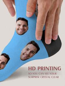 1 Pair Customizable Portrait Printed Socks, Unique Mid-Calf Socks With Personalized Face Design, Suitable For Casual, Work, Office, Travel, Sports And Parties, Creative Gift - Blue - View 4