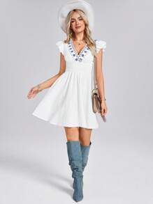 SHEIN LUNE 褶皱荷叶边短袖收腰A字休闲棉质刺绣假日优雅短款连衣裙，女士西式服装