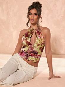 SHEIN BAE 女士扎染镂空性感挂脖衬衫