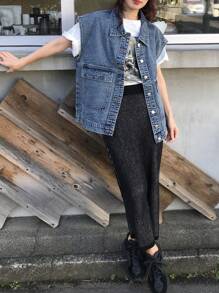FRIFUL Women's Denim Blue Loose Sleeveless Jacket Casual Outerwear