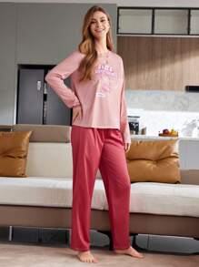 女士休闲字母印花睡衣套装 - 上衣和裤子