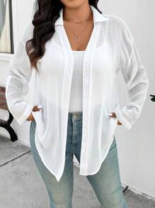 SHEIN Frenchy 大码女式白色雪纺衬衫，时尚宽松半透明休闲日常衬衫，2025 年春夏新品 - 米色 - 查看 6