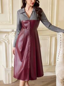 Vintamour 复古优雅女式长袖衬衫领 PU 皮革拼接口袋 A 字裙、休闲与办公装 女士度假装 女士夏季装 女士红色连衣裙 女士连衣裙 优雅长袖连衣裙 商务休闲女士 婚礼宾客连衣裙 女士优雅连衣裙 酒红色连衣裙 女士服装 女士长裙 红色连衣裙 优雅巡航装 女士办公室服装 女士工作服