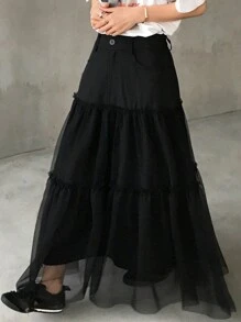 FRIFUL Women's Black Mesh Patchwork A-Line Skirt, Spring Fashion Fall Skirts - Black - View 5