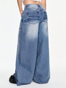 ROMWE Grunge Punk 低腰宽松做旧洗水直筒牛仔裤 - 淺藍色 - 查看 5