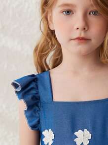 Blossori 年轻女孩优雅法式蓝色牛仔方领连衣裙，春夏 - 藍色 - 查看 3