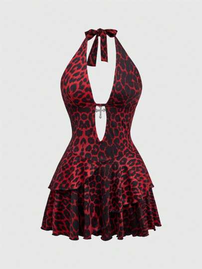 Kawaii Y2K Sexy Harajuku Girly Goth Style Cross Decor Halter Leopard Print Mini Dress
