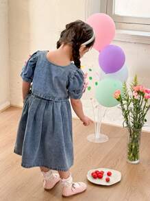 Young Girl Versatile Comfy Cute Bow Washed Soft Fashion Street Jean Jacket + Skirt Set, Lightweight For Summer - Medium Wash - View 2