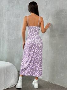 SHEIN EZwear 女士浅紫色印花针织吊带开叉连衣裙，假日' - 紫色 - 查看 2