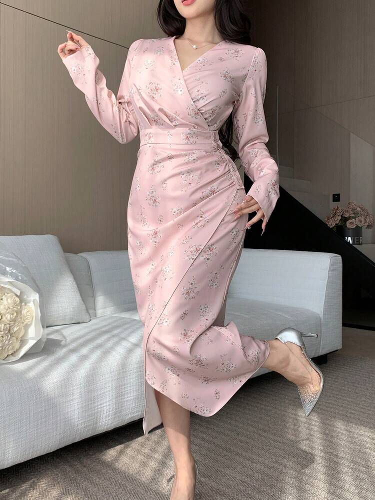 Women's Floral All-Over Print Vacation Beach Dress, Spring/Fall Long Sleeve Dress Maxi Dress