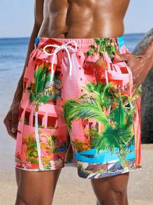 Surfspeed Men's Palm Tree Print Drawstring Waist Loose Beach Shorts Men Swim Trunks - Pink - View 3