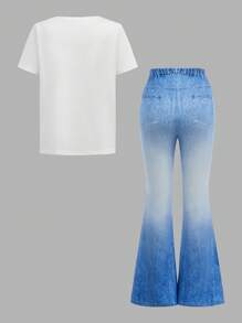 SHEIN 少女蝴蝶印花短袖上衣和牛仔效果喇叭裤两件套 - 白色 - 查看 2