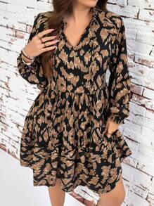 SHEIN LUNE Plus Size Tie Front Long Sleeve Printed Casual Short Dress Women Summer Clothing Dress Elegant Resort Clothing Women Boho/Boho Style, Resort Clothing, Holiday Dress, Outdoor Daily Wear Essential Sundress Cheetah Print Carnival Clothing