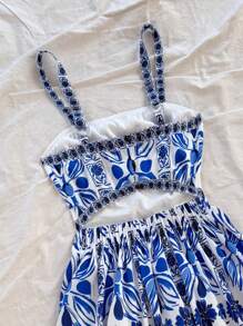 Soleia Vestido mini con tirantes y espalda descubierta con estampado de patrones, estilo vacacional versátil