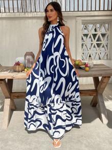 SHEIN VCAY Woven Print Open Shoulder Dress For Women